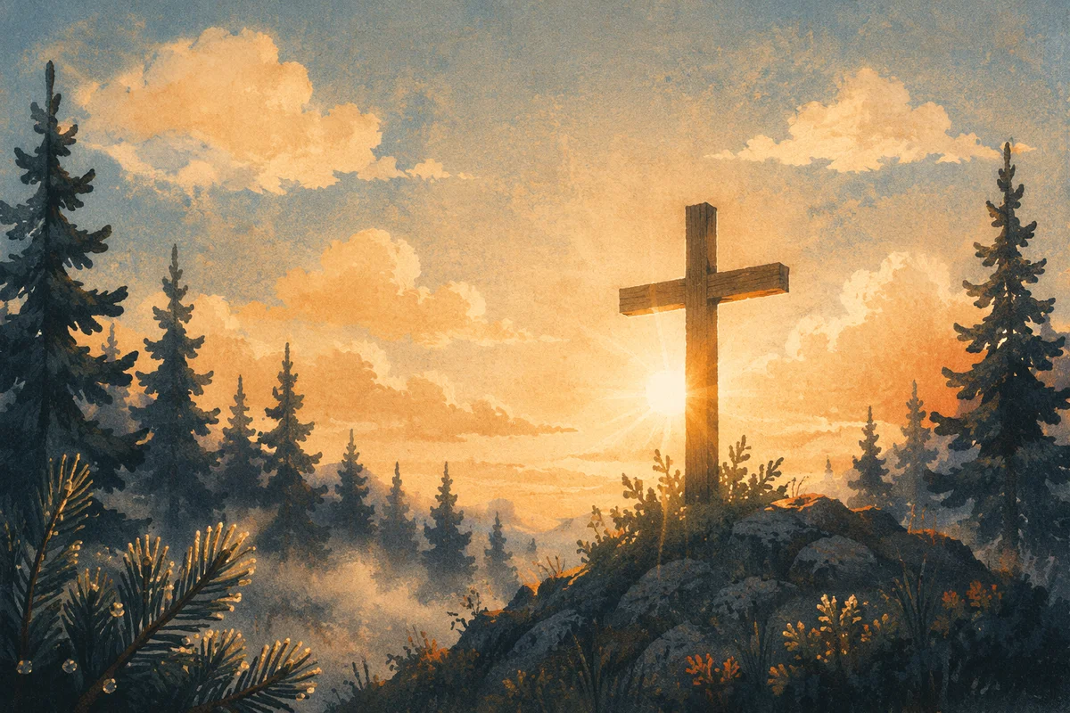 Wooden Cross at Evergreen Sunrise