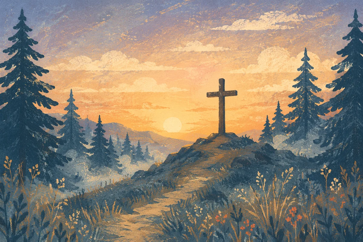 Wooden Cross at Evergreen Sunrise