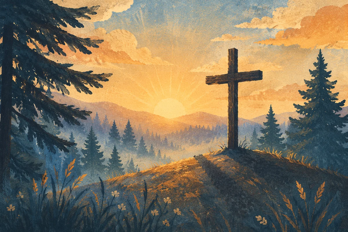 Wooden Cross at Evergreen Sunrise
