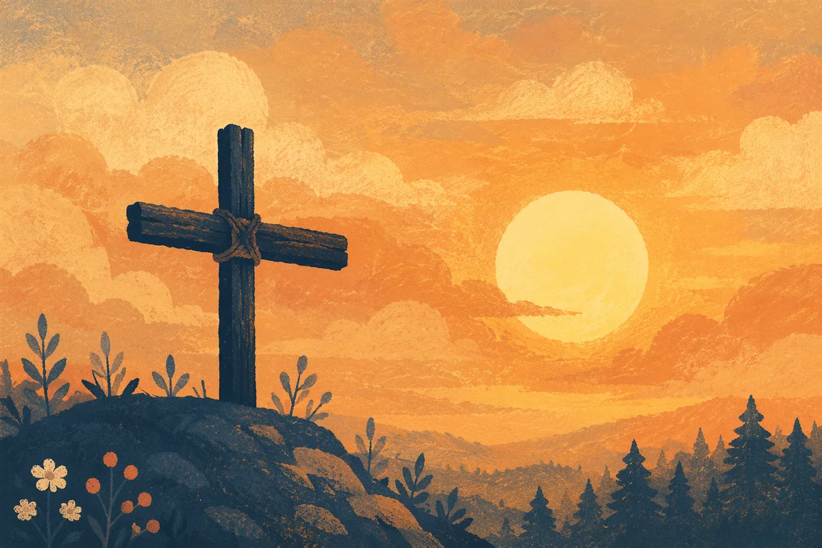 Wooden Cross Silhouette at Golden Sunrise