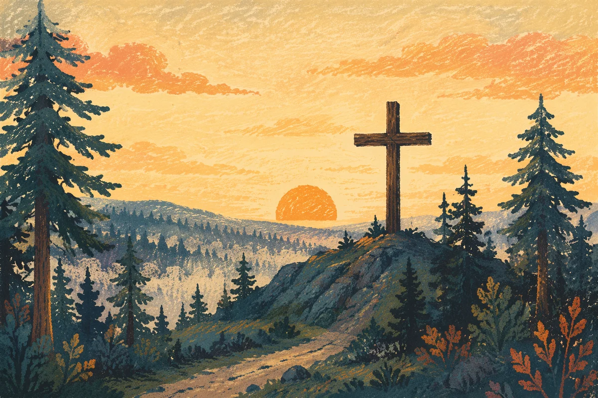 Wooden Cross Silhouette on Evergreen Sunrise Ridge
