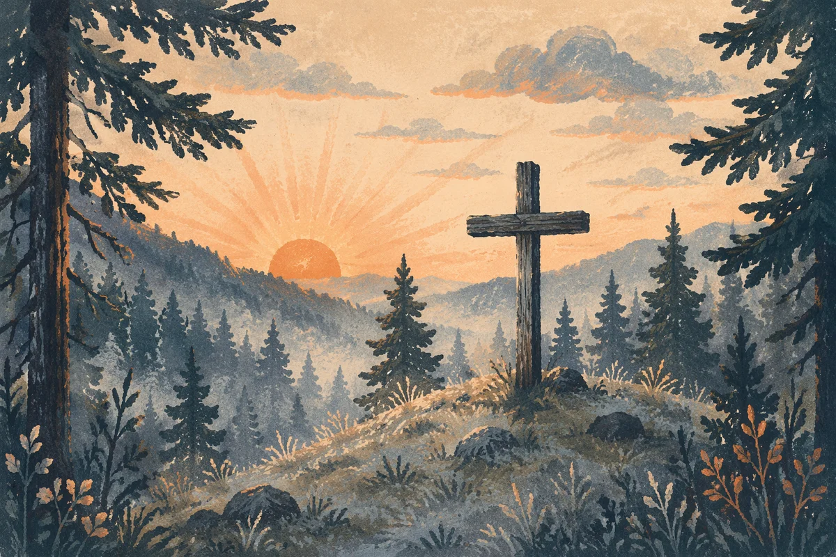 Wooden Cross Silhouette at Evergreen Sunrise
