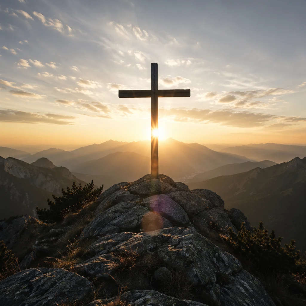 Wooden Cross Sunrise on Mountain Ridge