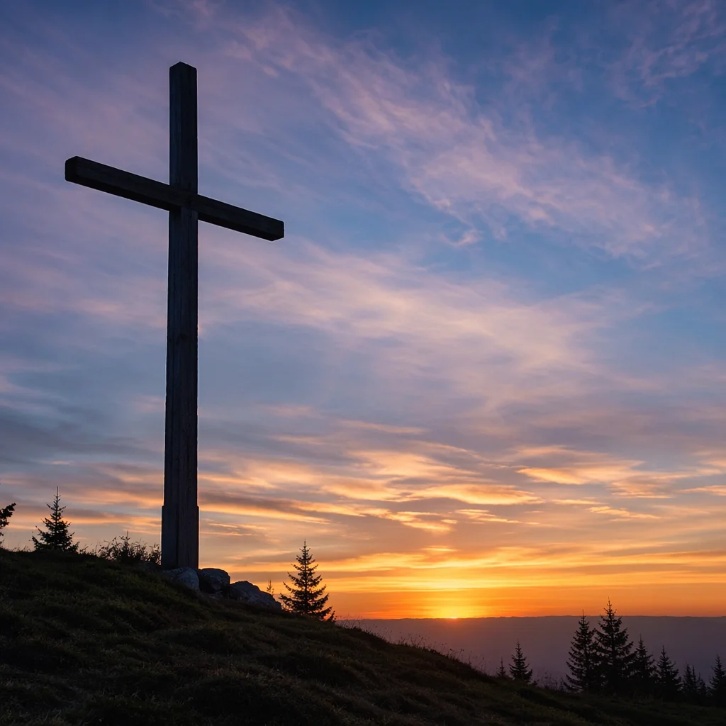 Wooden Cross Silhouette at Evergreen Sunrise