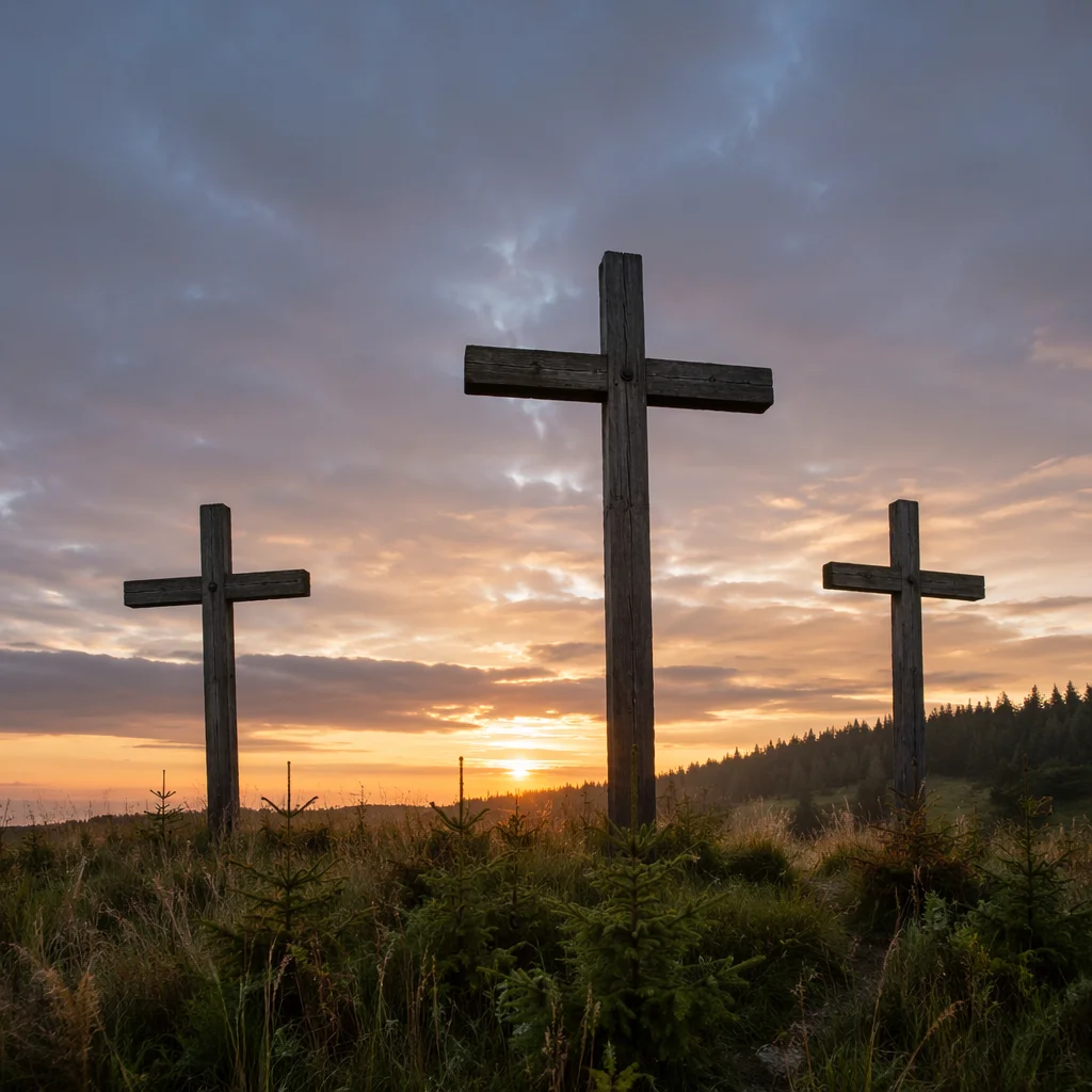 Wooden Crosses on Sunrise Evergreen Hill