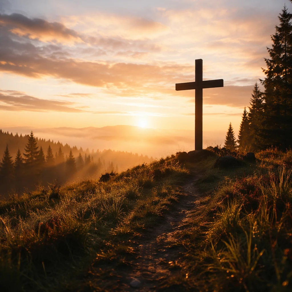 Wooden Cross at Evergreen Sunrise