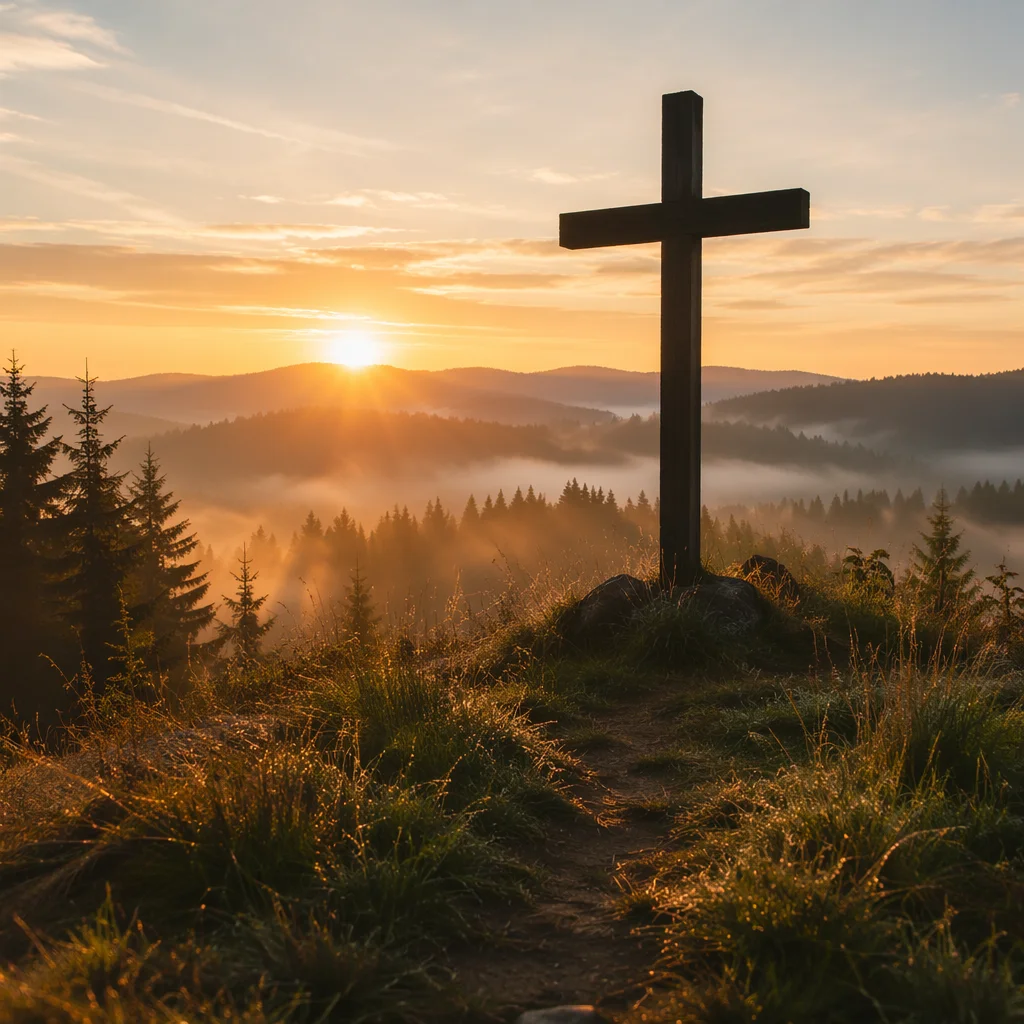 Wooden Cross at Evergreen Sunrise