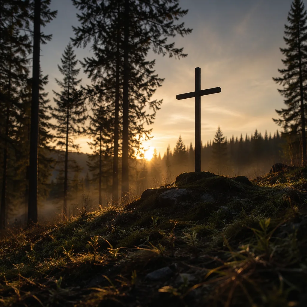 Wooden Cross at Evergreen Sunrise