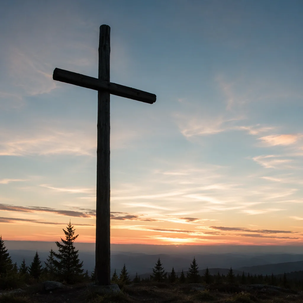 Wooden Cross Silhouette on Evergreen Sunrise Hill