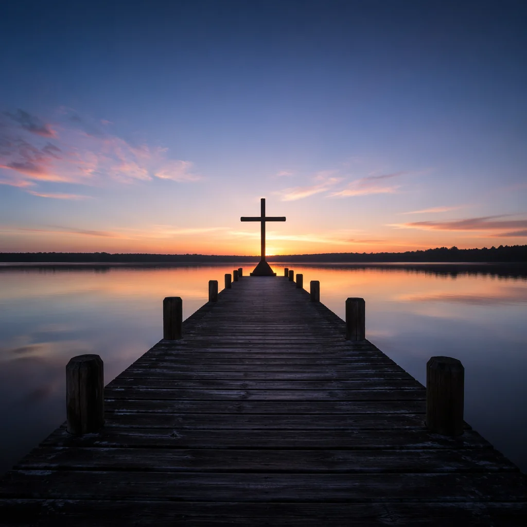 Wooden Cross Silhouette at Sunrise Lake