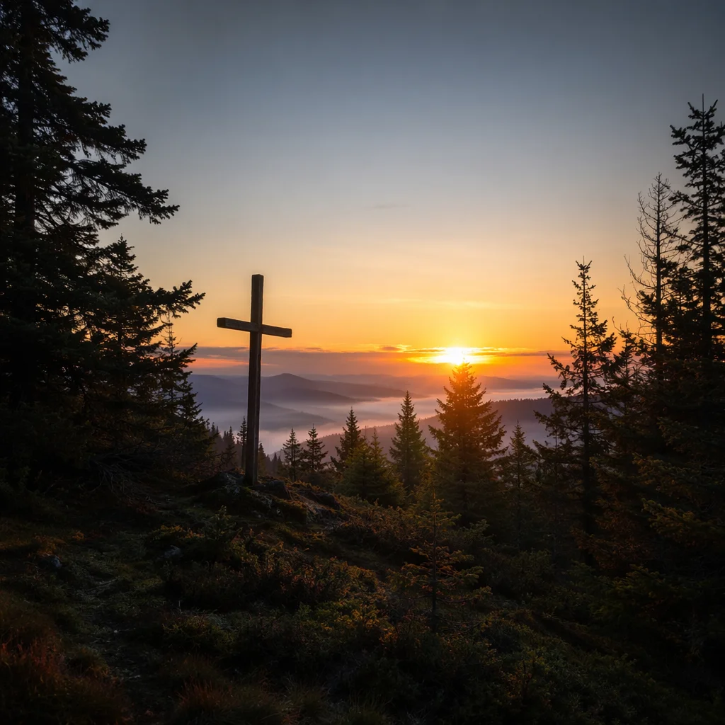 Wooden Cross Silhouette at Evergreen Sunrise