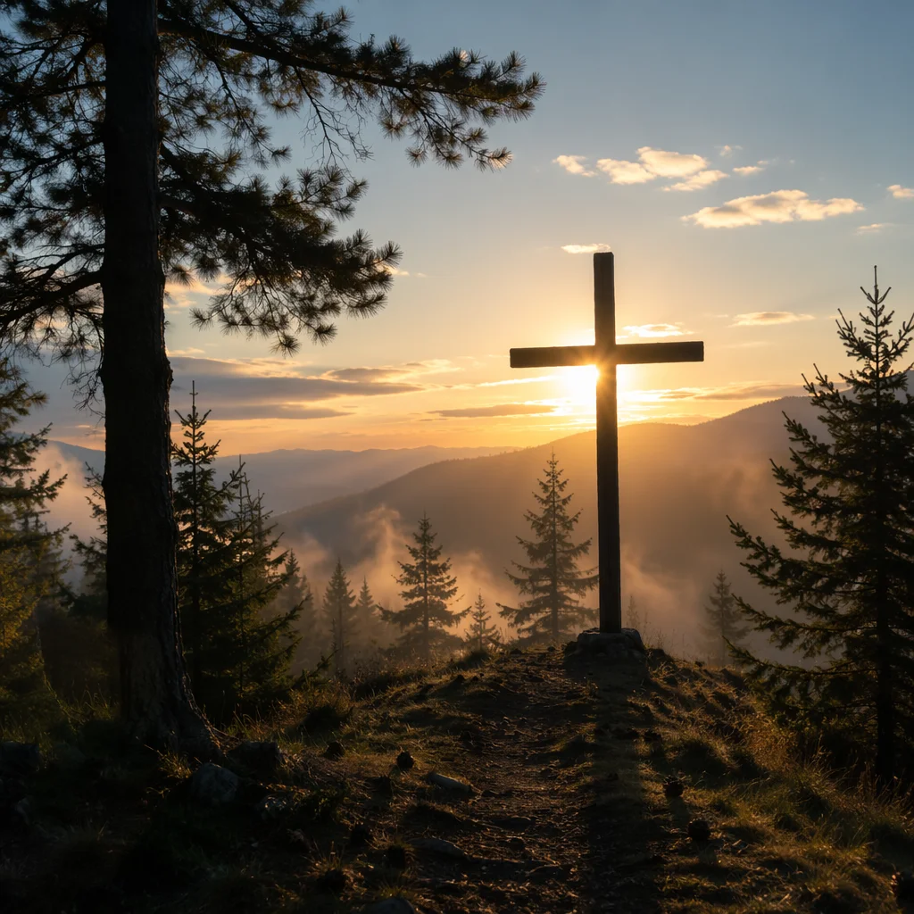 Wooden Cross Silhouette on Evergreen Sunrise Ridge