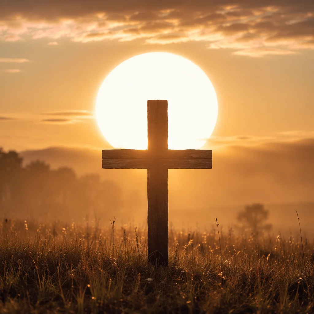 Wooden Cross Silhouette at Sunrise Meadow