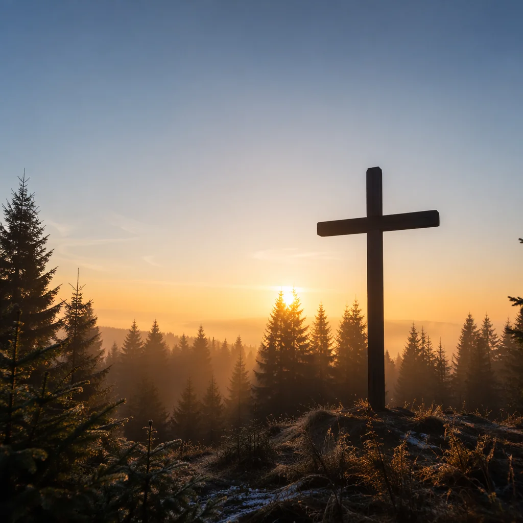 Wooden Cross Silhouette at Evergreen Sunrise