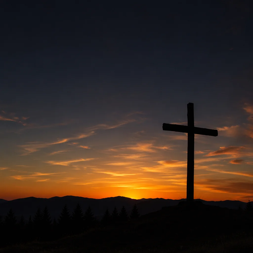 Wooden Cross Silhouette at Evergreen Sunrise