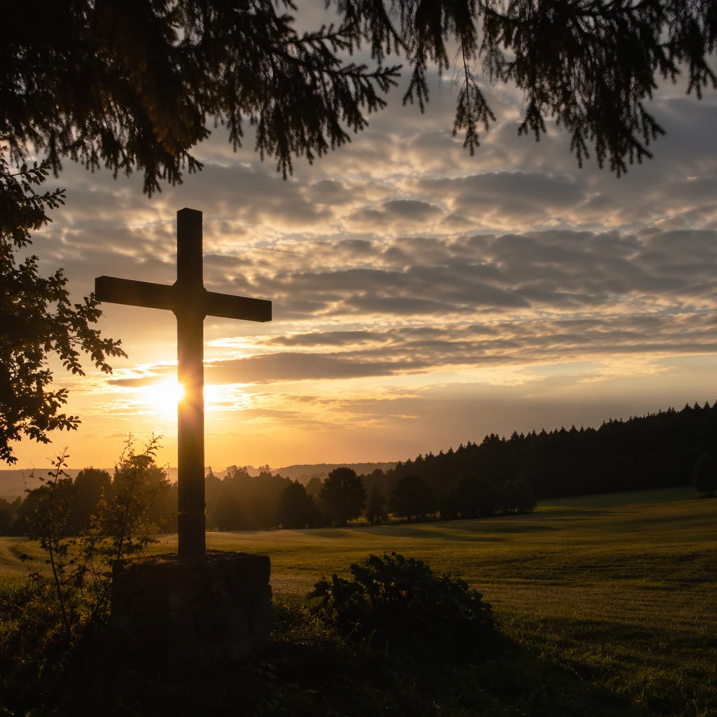 Wooden Cross Silhouette at Rural Sunrise