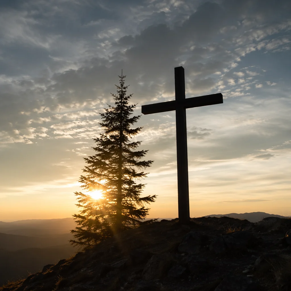 Wooden Cross Silhouette at Evergreen Sunrise