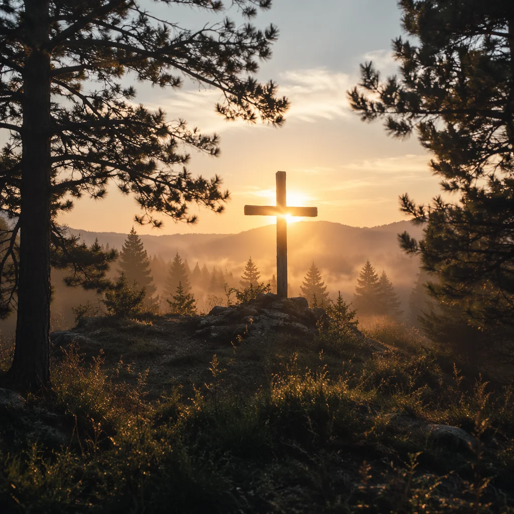 Wooden Cross Silhouette at Evergreen Sunrise