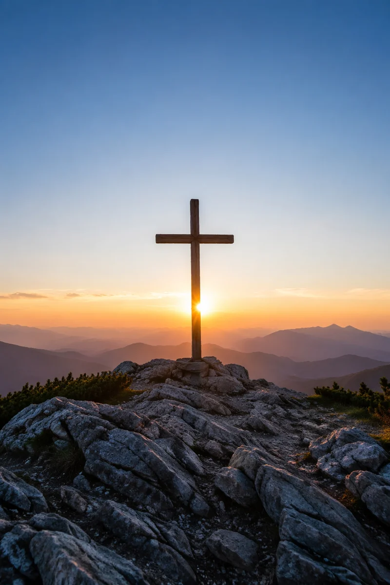 Wooden Cross Silhouette at Mountain Sunrise