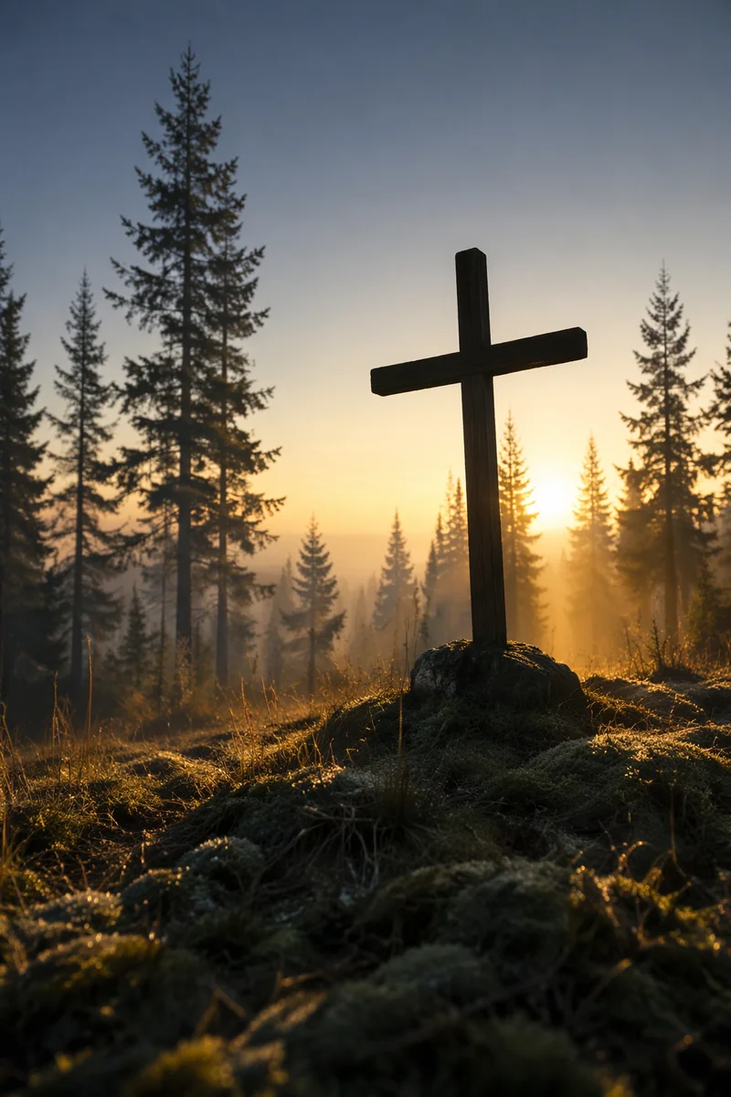 Wooden Cross Silhouette at Evergreen Sunrise