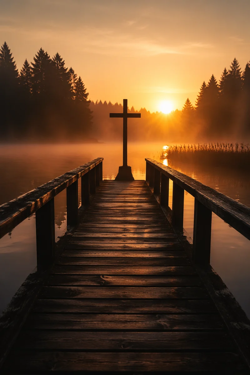 Wooden Cross Silhouette Over Misty Sunrise Lake