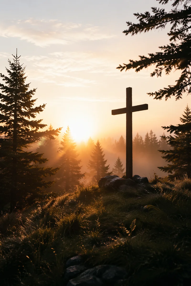 Wooden Cross Silhouette at Evergreen Sunrise
