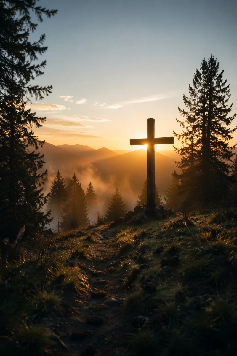 Wooden Cross Sunrise on Evergreen Ridge