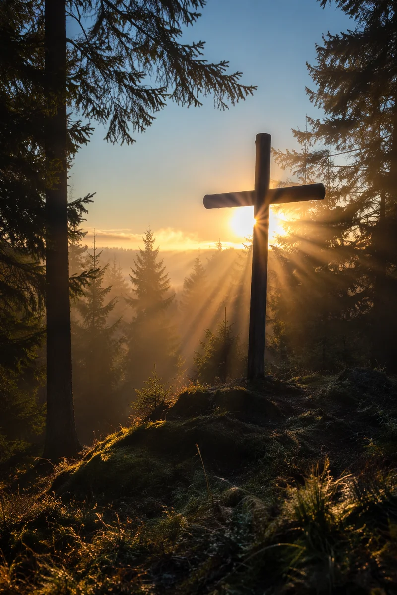 Wooden Cross at Sunrise in Evergreens