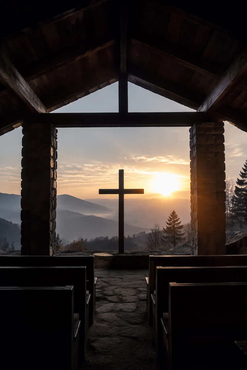 Wooden Cross Silhouette at Mountain Sunrise