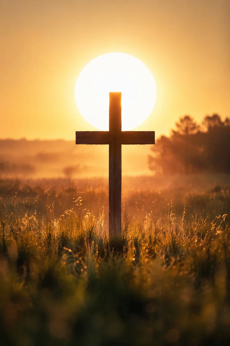 Wooden Cross Silhouette at Sunrise Meadow