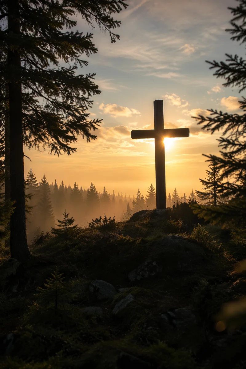 Wooden Cross Silhouette at Evergreen Sunrise