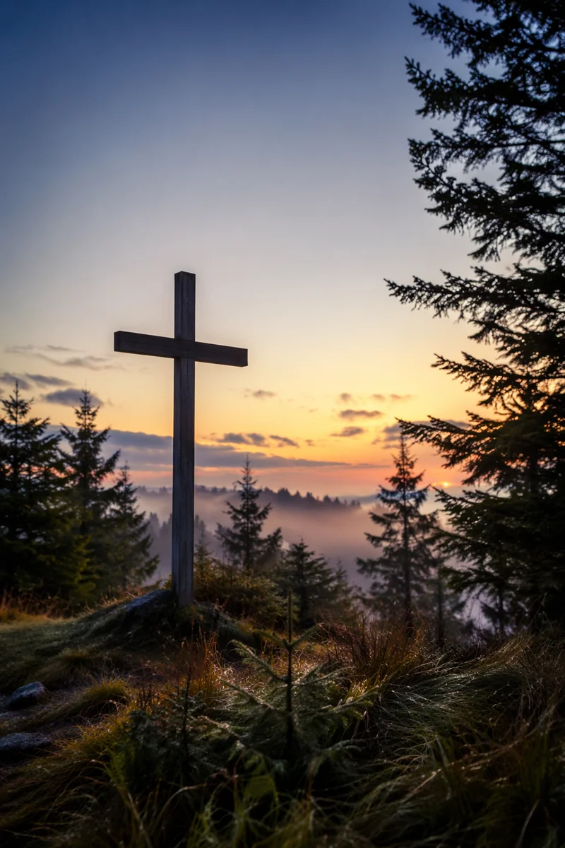 Wooden Cross Silhouette at Evergreen Sunrise