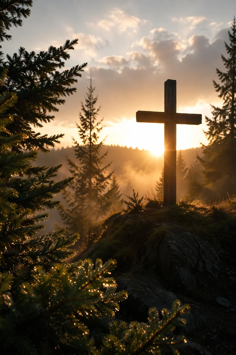 Wooden Cross at Evergreen Sunrise