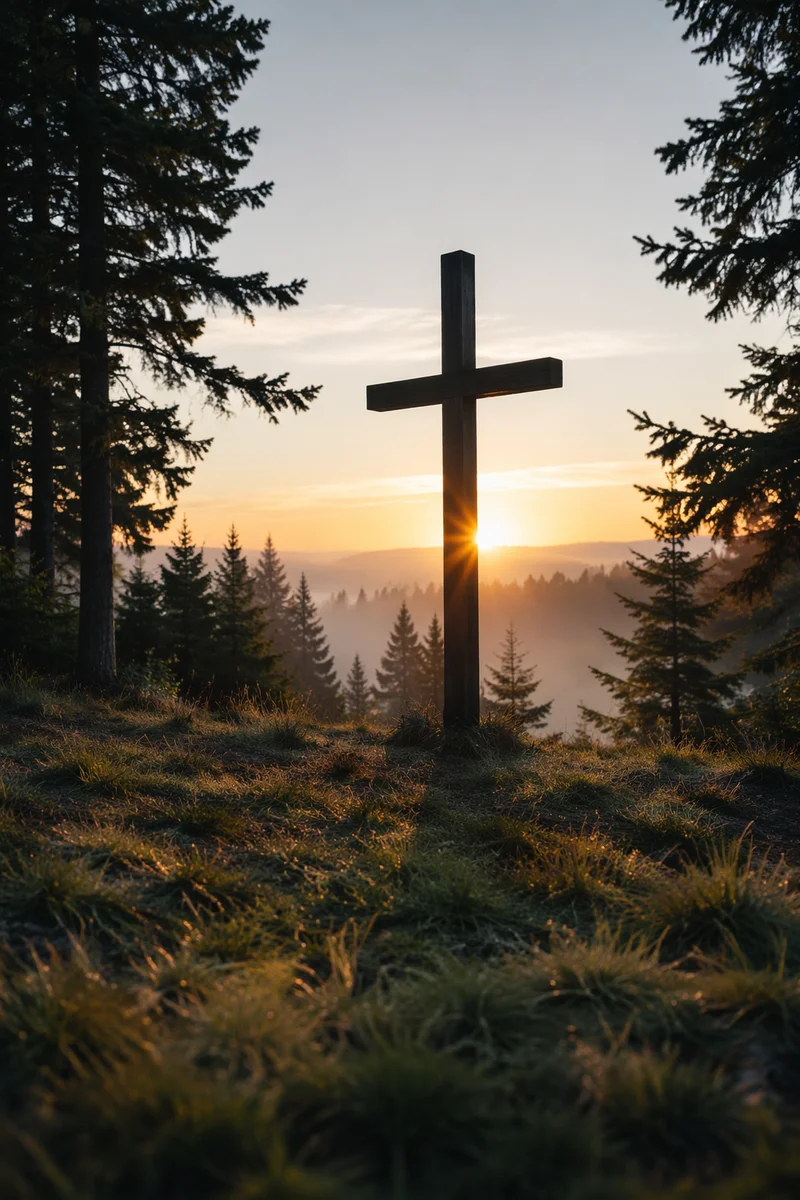 Wooden Cross at Evergreen Sunrise