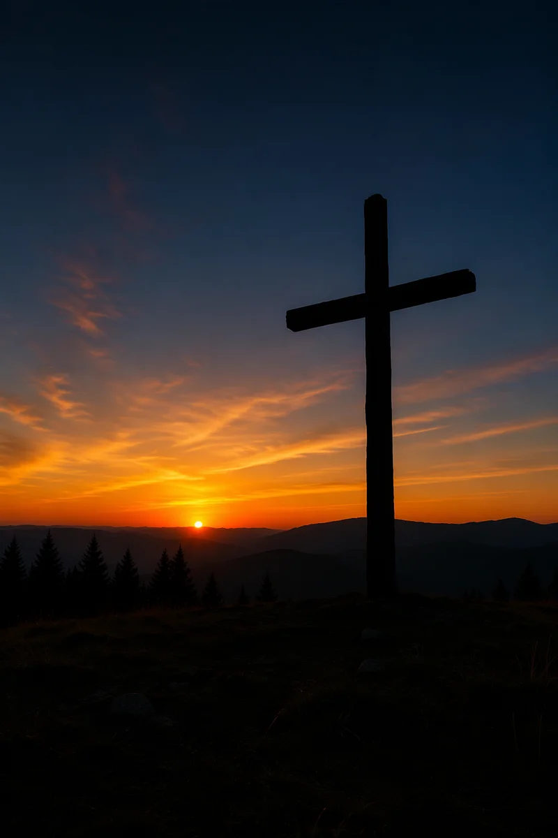 Wooden Cross Silhouette at Evergreen Sunrise