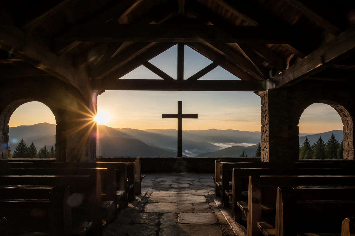 Wooden Cross Sunrise in Mountain Chapel