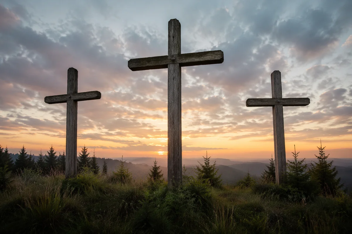 Three Wooden Crosses at Evergreen Sunrise