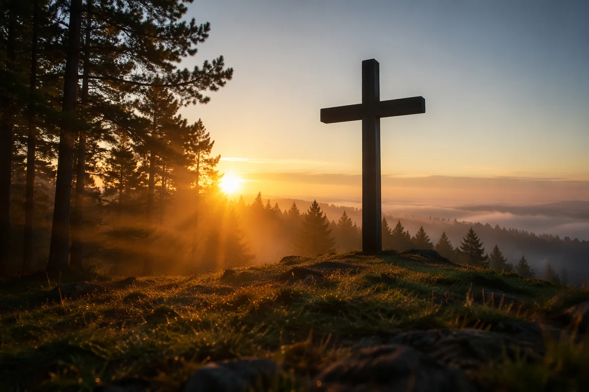 Wooden Cross Silhouette at Evergreen Sunrise