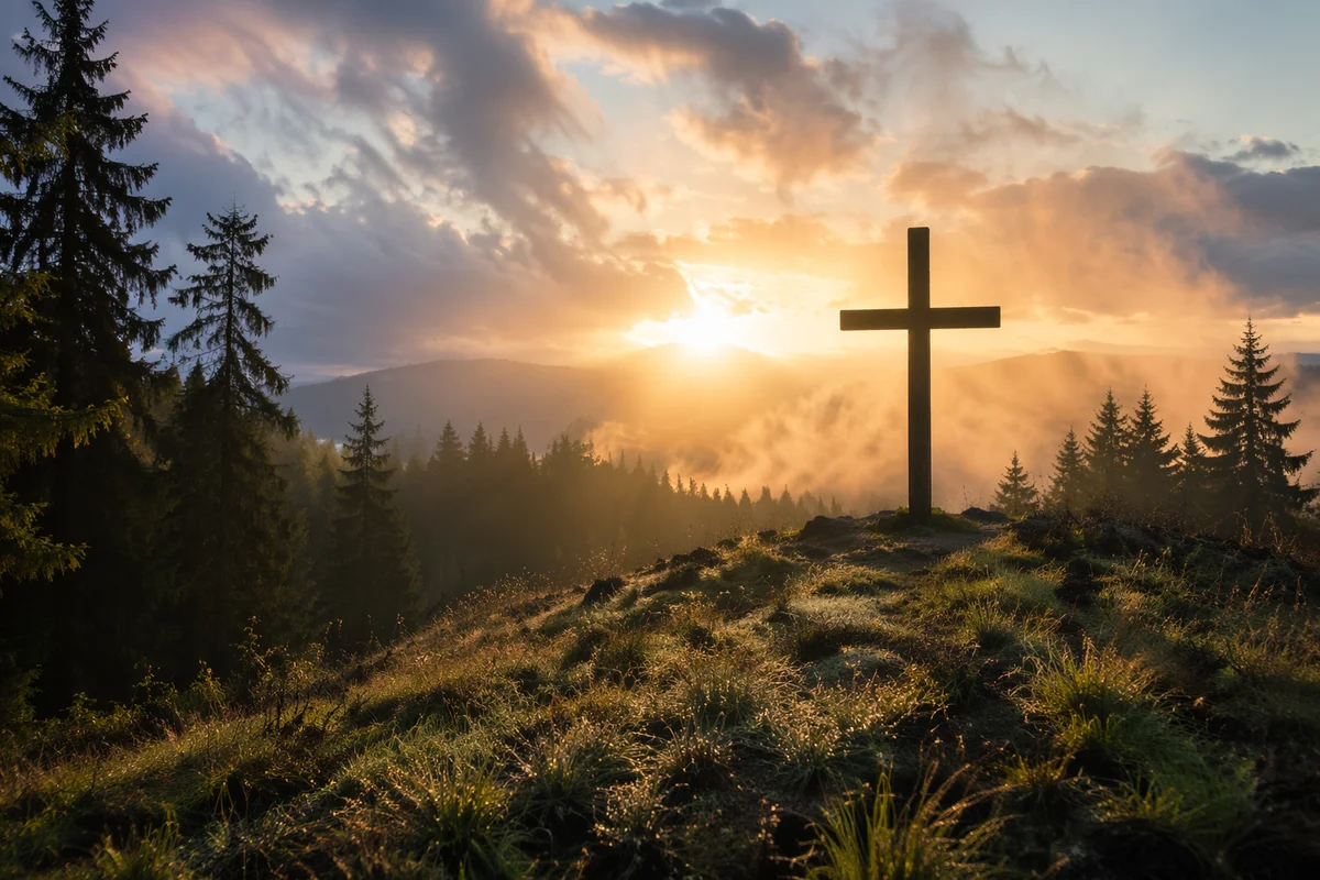 Wooden Cross Silhouette at Evergreen Sunrise