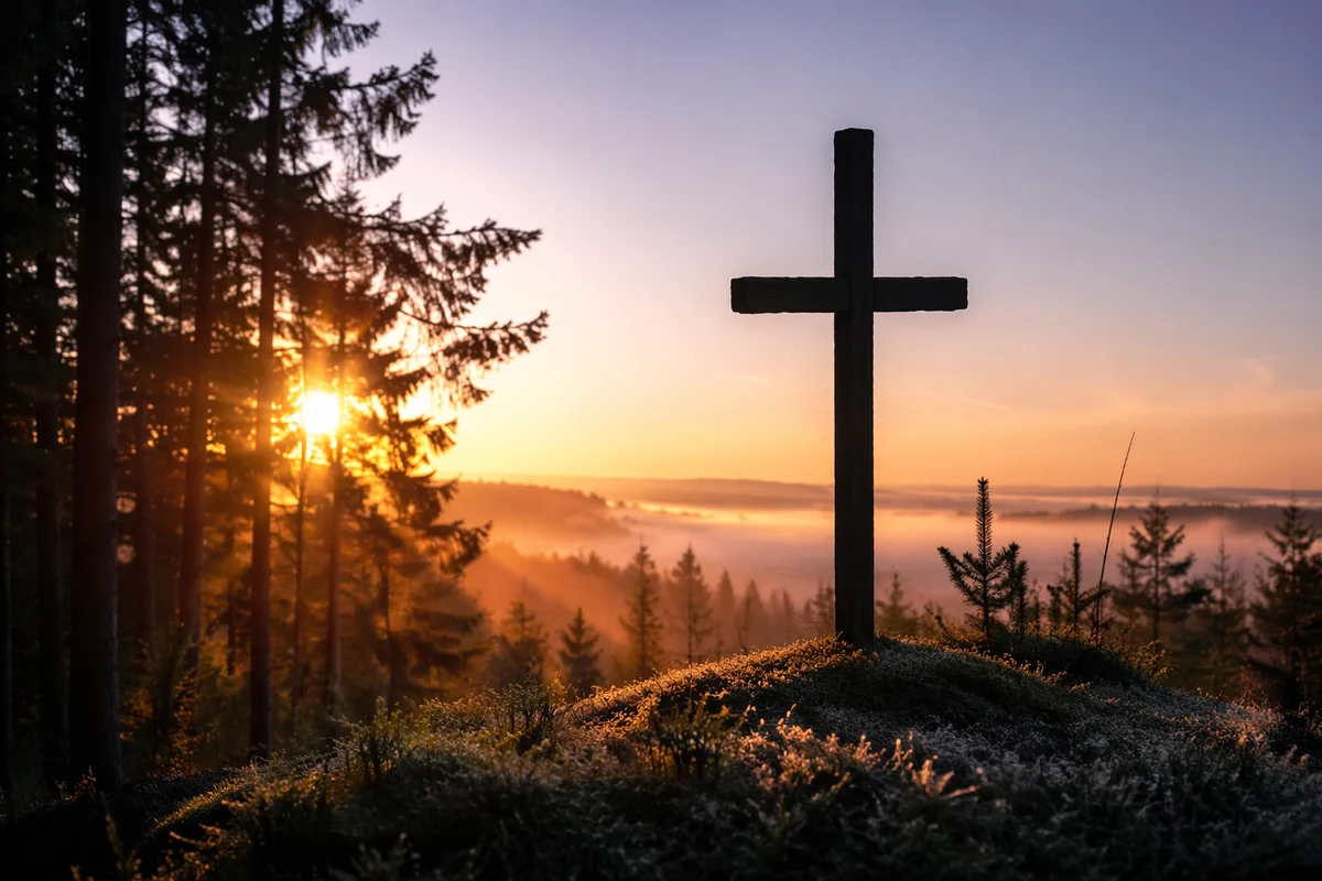 Wooden Cross at Evergreen Sunrise