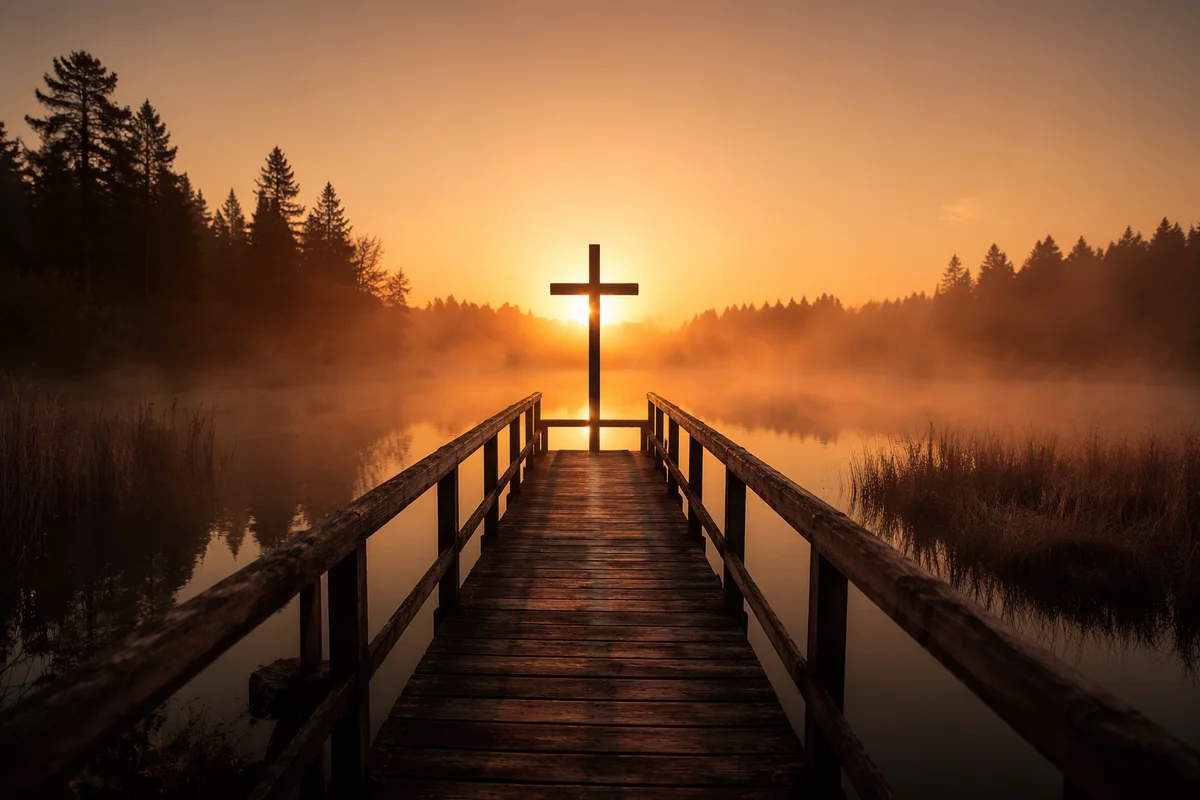 Wooden Cross Silhouette at Misty Sunrise