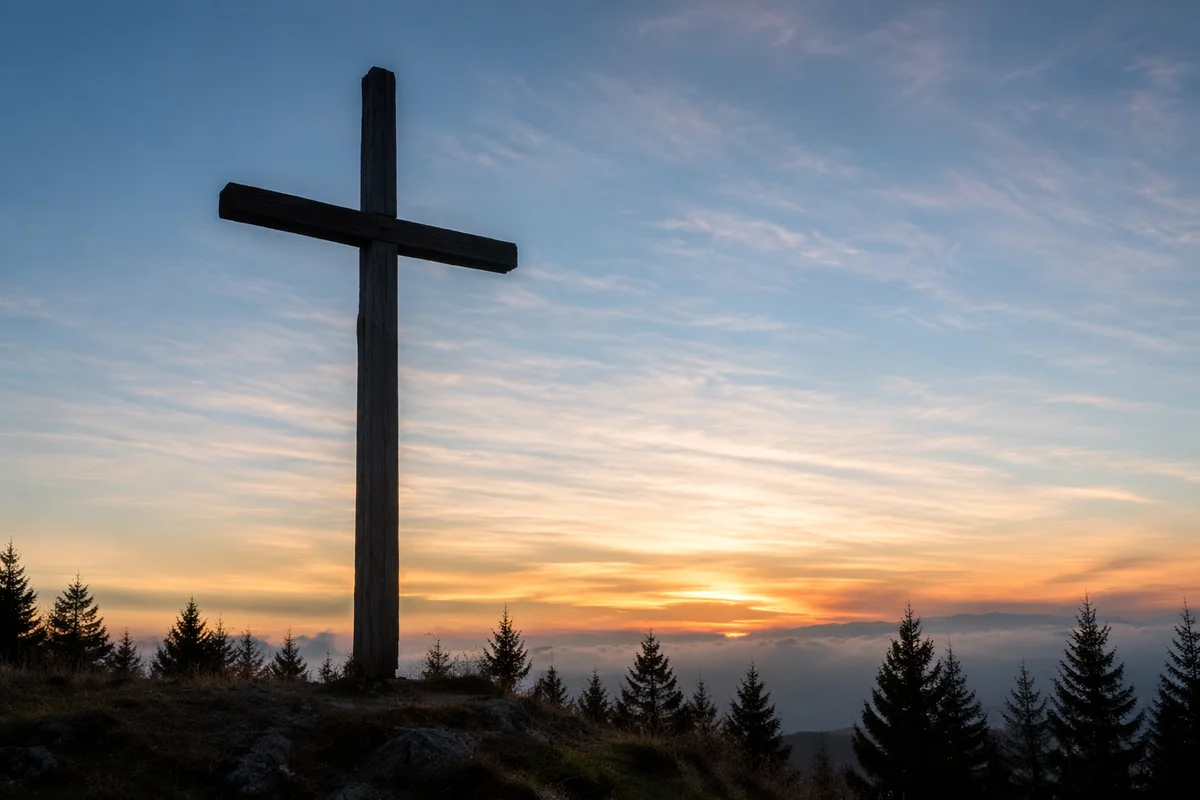 Wooden Cross Silhouette at Evergreen Sunrise