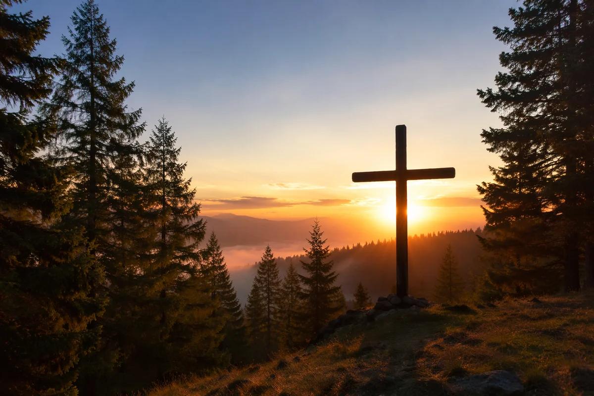 Wooden Cross Silhouette on Evergreen Sunrise Ridge