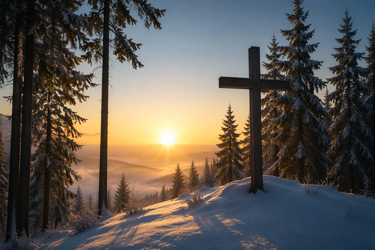 Wooden Cross at Sunrise in Evergreens