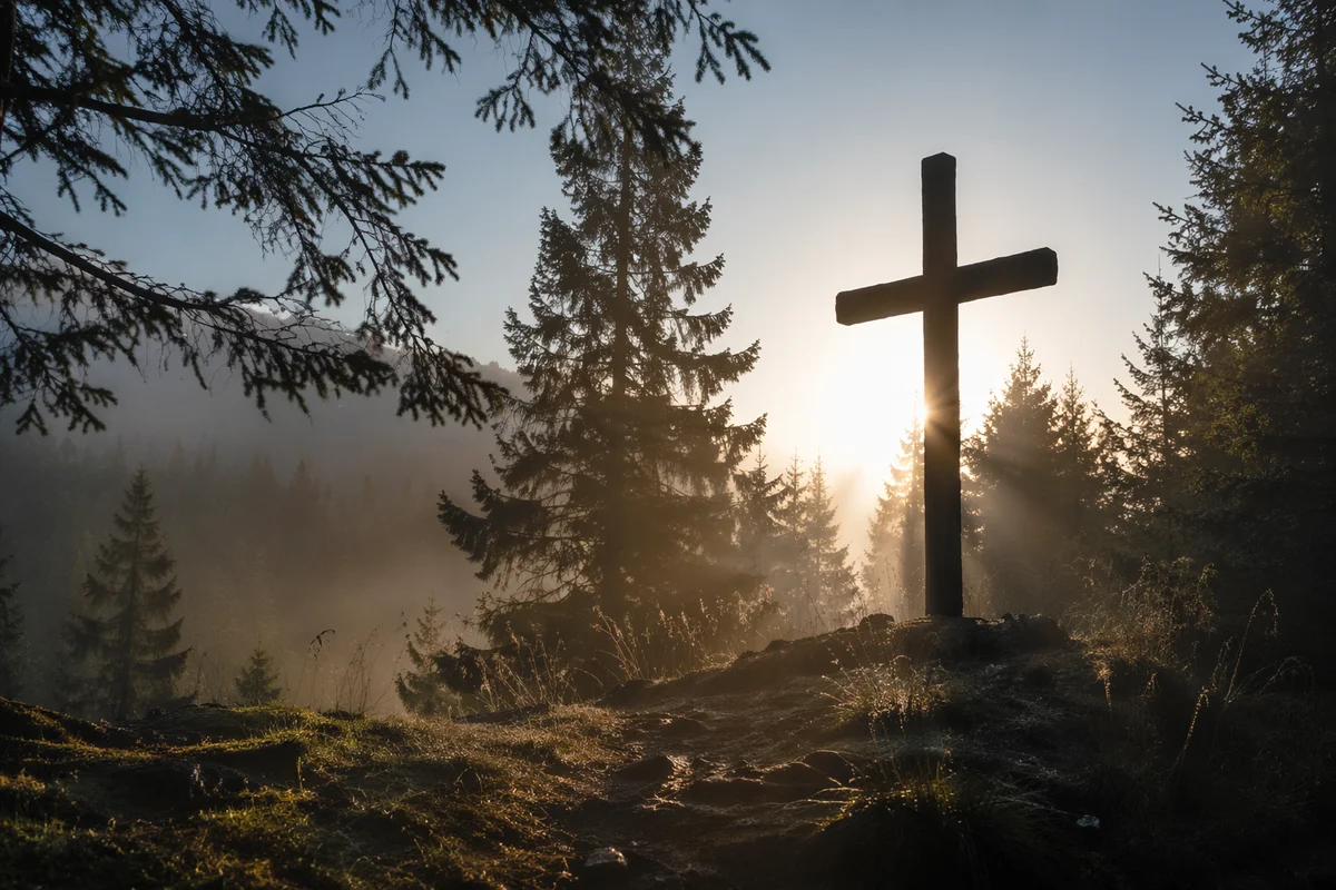 Wooden Cross Silhouette at Evergreen Sunrise