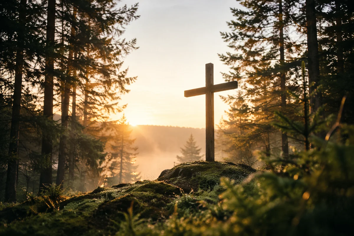 Wooden Cross Silhouette at Evergreen Sunrise