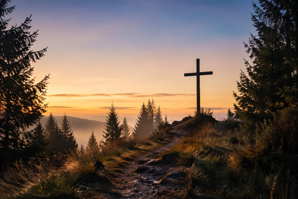 Wooden Cross Silhouette at Evergreen Sunrise