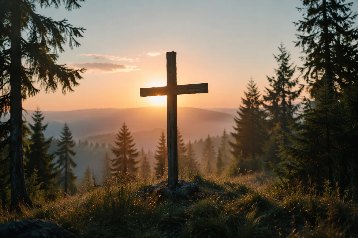 Wooden Cross Silhouette at Evergreen Sunrise