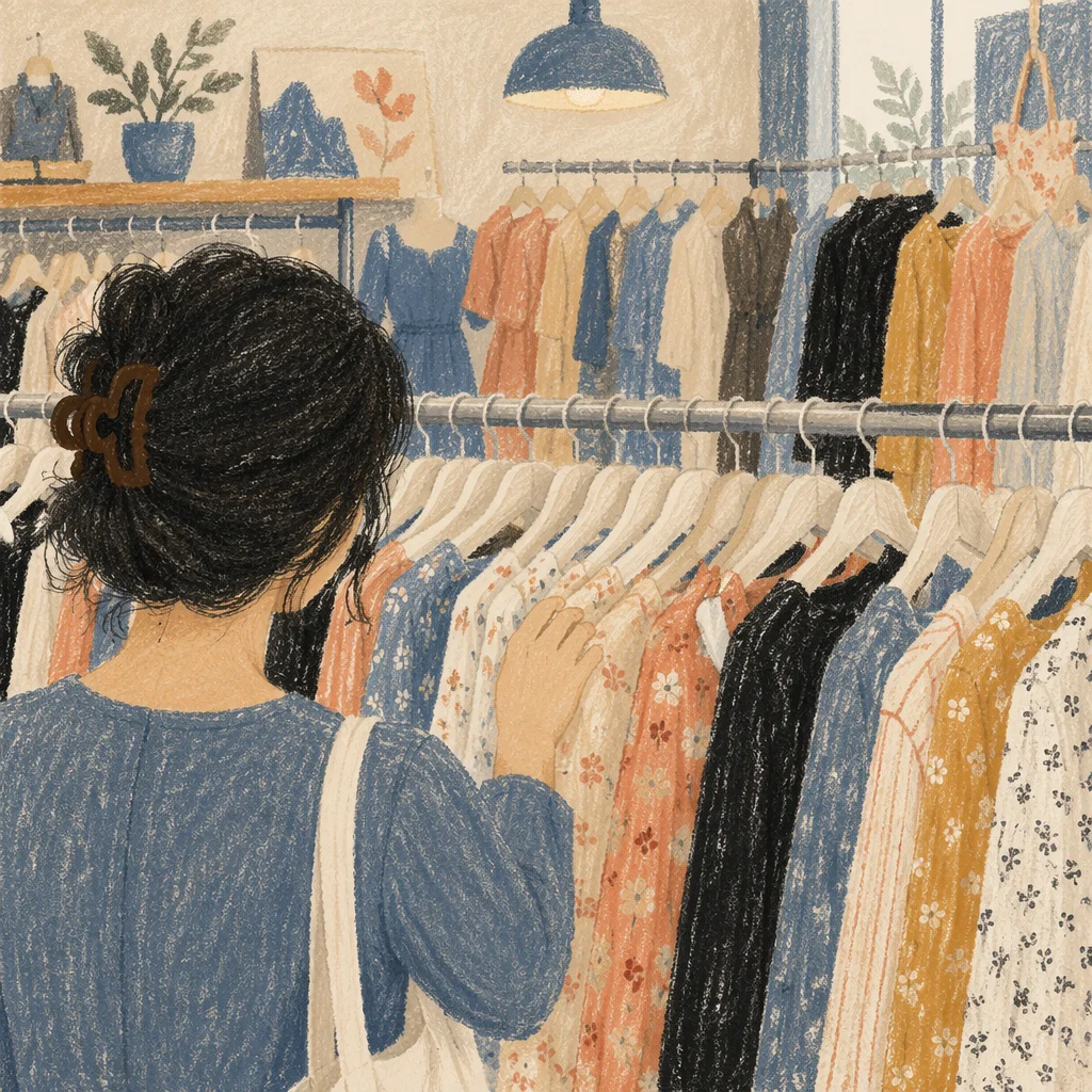 Shopper Browsing Pastel Boutique Clothing Rack