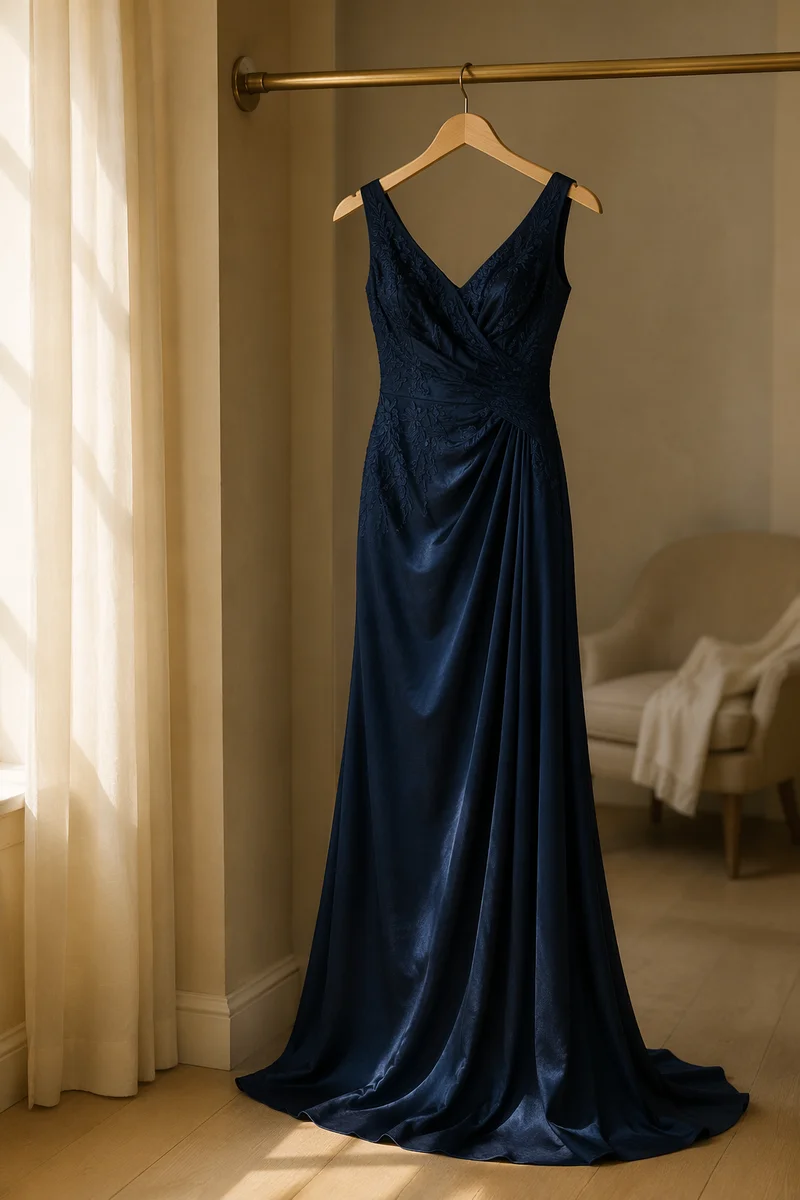Elegant Midnight Blue Dress on Hanger